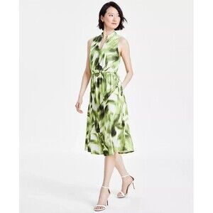 Anne Klein Women Jenna Blurry-Print Drawstring-Waist Dress Bright White Sprout S